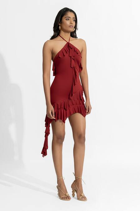 Buy Deme By Gabriella Maroon Lycra Halter Neck Larysa Solid Ruffle Dress Online at Aza Fashions Buy_Deme By Gabriella_Maroon Lycra Halter Neck Larysa Solid Ruffle Dress _Online_at_Aza_Fashions