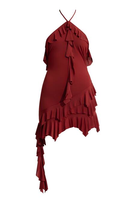 Shop Deme By Gabriella Maroon Lycra Halter Neck Larysa Solid Ruffle Dress Online at Aza Fashions Shop_Deme By Gabriella_Maroon Lycra Halter Neck Larysa Solid Ruffle Dress _Online_at_Aza_Fashions