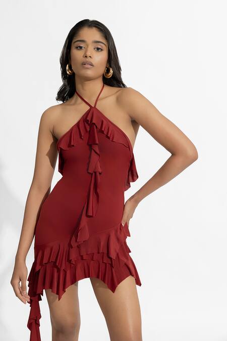 Deme By Gabriella Maroon Lycra Halter Neck Larysa Solid Ruffle Dress at Aza Fashions Deme By Gabriella_Maroon Lycra Halter Neck Larysa Solid Ruffle Dress _at_Aza_Fashions