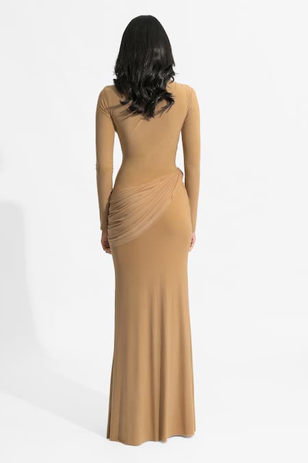 Deme By Gabriella_Beige Net, Lycra Asymmetric Olga Solid Draped Dress _Online_at_Aza_Fashions