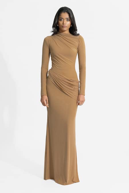 Buy_Deme By Gabriella_Beige Net, Lycra Asymmetric Olga Solid Draped Dress _Online_at_Aza_Fashions