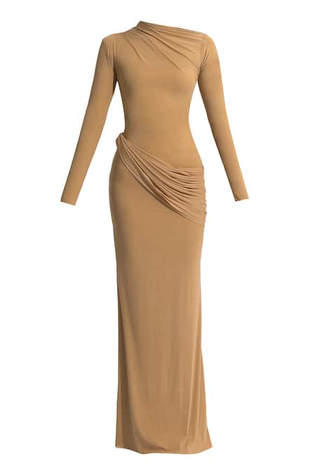 Shop_Deme By Gabriella_Beige Net, Lycra Asymmetric Olga Solid Draped Dress _Online_at_Aza_Fashions