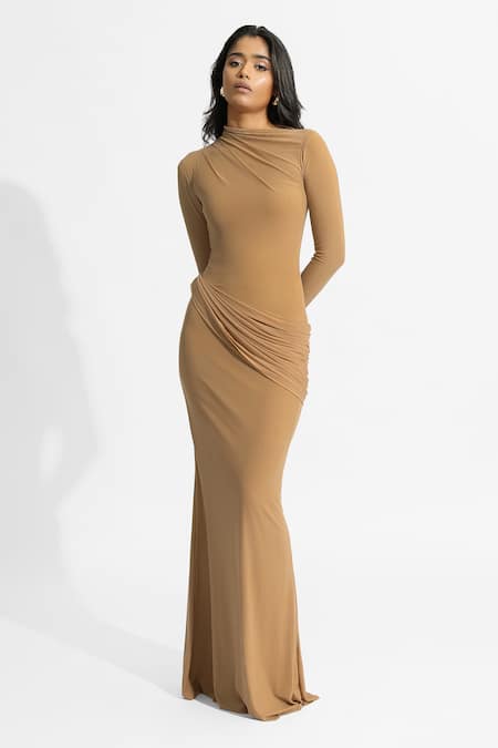 Deme By Gabriella_Beige Net, Lycra Asymmetric Olga Solid Draped Dress _at_Aza_Fashions