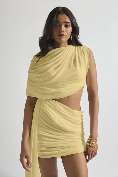 Deme By Gabriella Yellow Net, Lycra High Neck Adelina Solid Draped Short Dress Online at Aza Fashions Deme By Gabriella_Yellow Net, Lycra High Neck Adelina Solid Draped Short Dress _Online_at_Aza_Fashions
