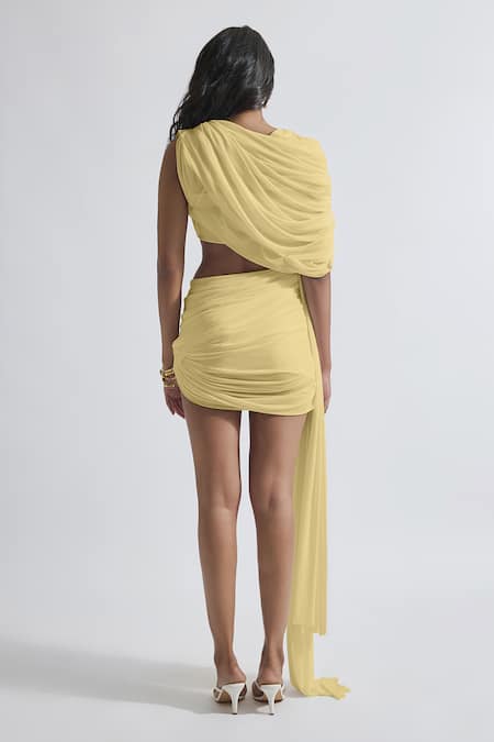 Shop Deme By Gabriella Yellow Net, Lycra High Neck Adelina Solid Draped Short Dress at Aza Fashions Shop_Deme By Gabriella_Yellow Net, Lycra High Neck Adelina Solid Draped Short Dress _at_Aza_Fashions