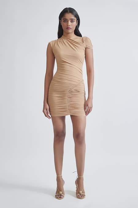 Shop Deme By Gabriella Beige Lycra Asymmetric Amadea Solid Ruched Short Dress Online at Aza Fashions Shop_Deme By Gabriella_Beige Lycra Asymmetric Amadea Solid Ruched Short Dress _Online_at_Aza_Fashions