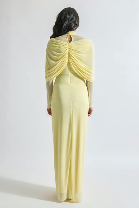 Deme By Gabriella Yellow Net, Lycra High Neck Kenny Solid Draped Dress Online at Aza Fashions Deme By Gabriella_Yellow Net, Lycra High Neck Kenny Solid Draped Dress _Online_at_Aza_Fashions