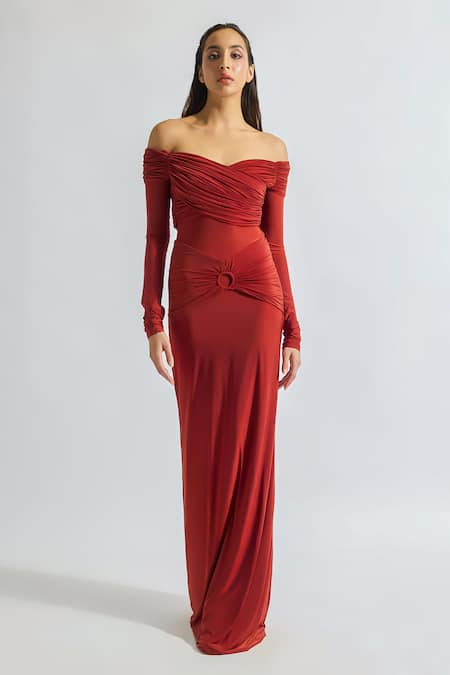 Deme by Gabriella Red Malai Lycra Solid Off Shoulder Giulia Draped Dress 