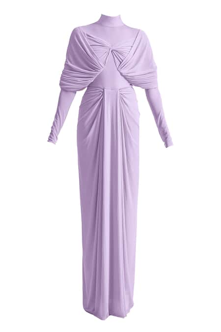 Deme By Gabriella Purple Net, Maheshwari High Neck Kenny Plain Full Sleeve Draped Dress Online at Aza Fashions Deme By Gabriella_Purple Net, Maheshwari High Neck Kenny Plain Full Sleeve Draped Dress _Online_at_Aza_Fashions
