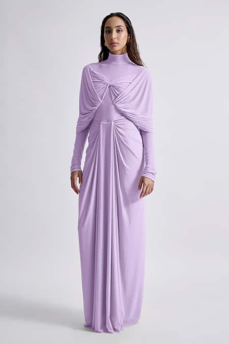 Buy Deme By Gabriella Purple Net, Maheshwari High Neck Kenny Plain Full Sleeve Draped Dress Online at Aza Fashions Buy_Deme By Gabriella_Purple Net, Maheshwari High Neck Kenny Plain Full Sleeve Draped Dress _Online_at_Aza_Fashions