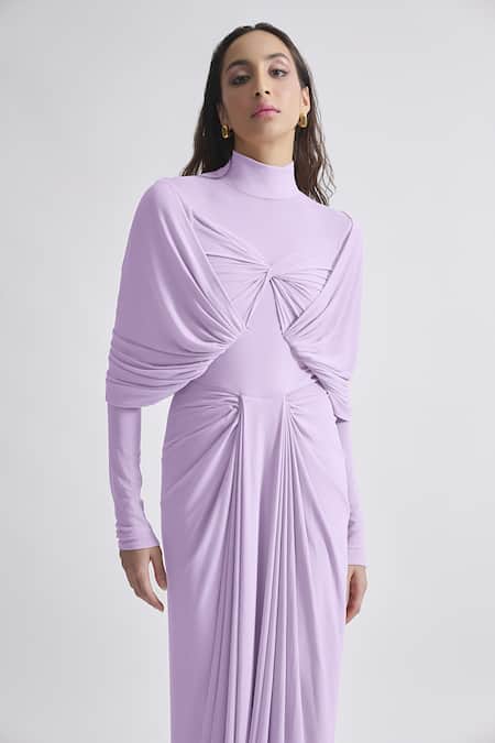 Shop Deme By Gabriella Purple Net, Maheshwari High Neck Kenny Plain Full Sleeve Draped Dress Online at Aza Fashions Shop_Deme By Gabriella_Purple Net, Maheshwari High Neck Kenny Plain Full Sleeve Draped Dress _Online_at_Aza_Fashions