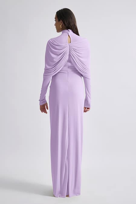 Shop Deme By Gabriella Purple Net, Maheshwari High Neck Kenny Plain Full Sleeve Draped Dress at Aza Fashions Shop_Deme By Gabriella_Purple Net, Maheshwari High Neck Kenny Plain Full Sleeve Draped Dress _at_Aza_Fashions