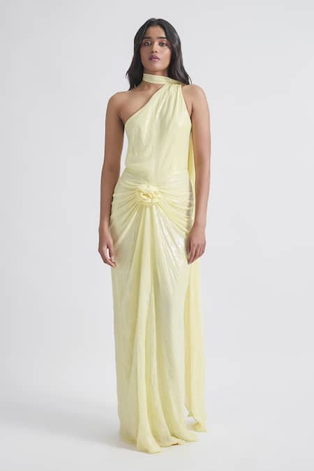 Deme by Gabriella Yellow Embroidered One Shoulder Lidia Dress 