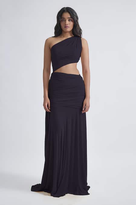 Deme By Gabriella Grey Net, Maheshwari One Shoulder Narcisa Solid Ruched Dress Online at Aza Fashions Deme By Gabriella_Grey Net, Maheshwari One Shoulder Narcisa Solid Ruched Dress _Online_at_Aza_Fashions
