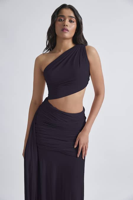 Shop Deme By Gabriella Grey Net, Maheshwari One Shoulder Narcisa Solid Ruched Dress Online at Aza Fashions Shop_Deme By Gabriella_Grey Net, Maheshwari One Shoulder Narcisa Solid Ruched Dress _Online_at_Aza_Fashions