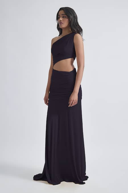 Deme By Gabriella Grey Net, Maheshwari One Shoulder Narcisa Solid Ruched Dress at Aza Fashions Deme By Gabriella_Grey Net, Maheshwari One Shoulder Narcisa Solid Ruched Dress _at_Aza_Fashions