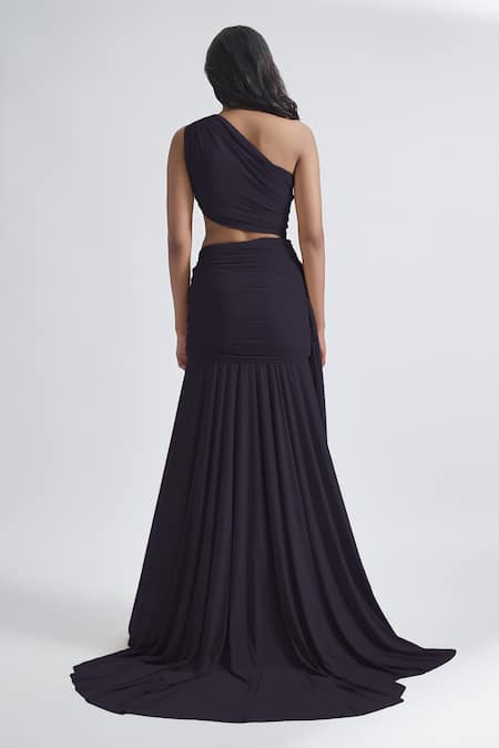 Shop Deme By Gabriella Grey Net, Maheshwari One Shoulder Narcisa Solid Ruched Dress at Aza Fashions Shop_Deme By Gabriella_Grey Net, Maheshwari One Shoulder Narcisa Solid Ruched Dress _at_Aza_Fashions