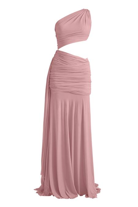 Deme By Gabriella Pink Net, Maheshwari One Shoulder Narcisa Plain Ruched Dress Online at Aza Fashions Deme By Gabriella_Pink Net, Maheshwari One Shoulder Narcisa Plain Ruched Dress _Online_at_Aza_Fashions