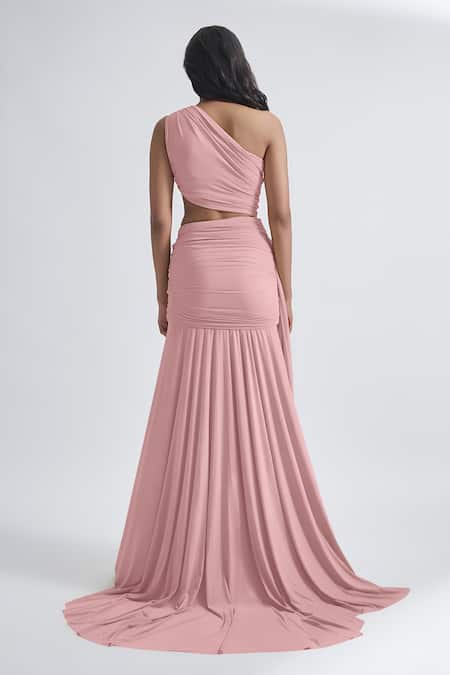 Shop Deme By Gabriella Pink Net, Maheshwari One Shoulder Narcisa Plain Ruched Dress at Aza Fashions Shop_Deme By Gabriella_Pink Net, Maheshwari One Shoulder Narcisa Plain Ruched Dress _at_Aza_Fashions