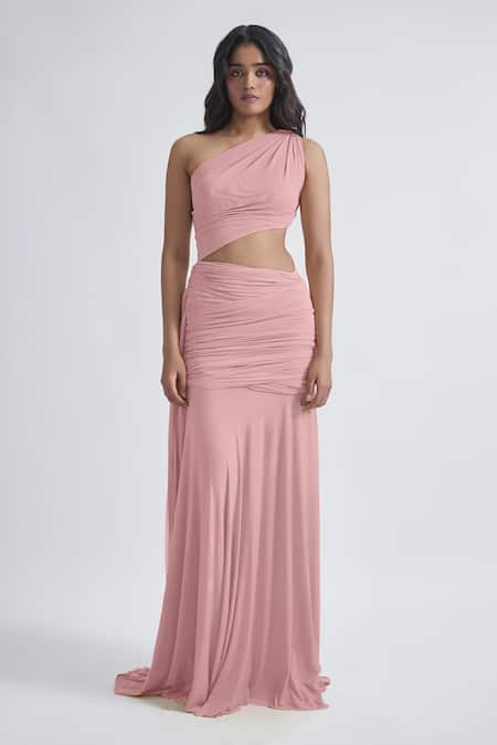 Deme By Gabriella Pink Net, Maheshwari One Shoulder Narcisa Plain Ruched Dress at Aza Fashions Deme By Gabriella_Pink Net, Maheshwari One Shoulder Narcisa Plain Ruched Dress _at_Aza_Fashions