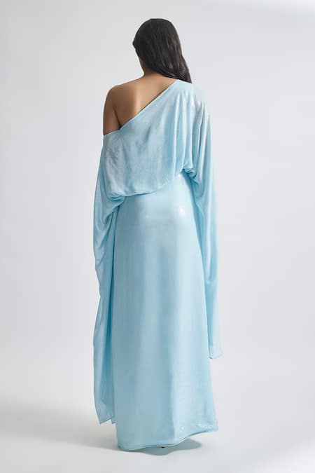 Shop Deme By Gabriella Blue Silk Sequins Asymmetric Rosa Work One-shoulder Draped Dress at Aza Fashions Shop_Deme By Gabriella_Blue Silk Sequins Asymmetric Rosa Work One-shoulder Draped Dress _at_Aza_Fashions