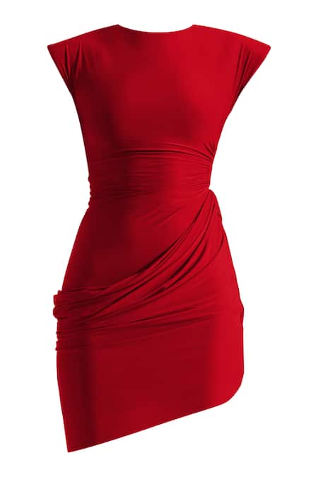 Deme By Gabriella Red Lycra Round Neck Sandrine Solid Draped Short Dress Online at Aza Fashions Deme By Gabriella_Red Lycra Round Neck Sandrine Solid Draped Short Dress _Online_at_Aza_Fashions