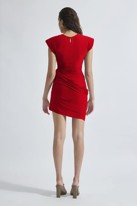 Shop Deme By Gabriella Red Lycra Round Neck Sandrine Solid Draped Short Dress at Aza Fashions Shop_Deme By Gabriella_Red Lycra Round Neck Sandrine Solid Draped Short Dress _at_Aza_Fashions