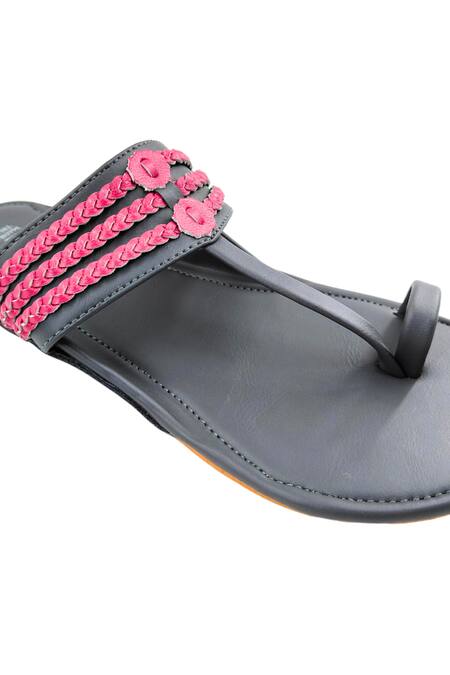 Shop_The Madras Trunk_Grey Plain Haiku Ruhi Contrast Braided Kolhapuri Flats _Online_at_Aza_Fashions