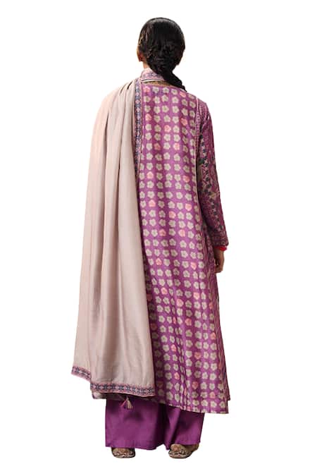 Saundh Purple Cotton, Viscose Embroidery Round Neck Kaur Floral Print Anarkali Set Online at Aza Fashions Saundh_Purple Cotton, Viscose Embroidery Round Neck Kaur Floral Print Anarkali Set_Online_at_Aza_Fashions