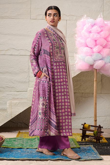 Buy Saundh Purple Cotton, Viscose Embroidery Round Neck Kaur Floral Print Anarkali Set Online at Aza Fashions Buy_Saundh_Purple Cotton, Viscose Embroidery Round Neck Kaur Floral Print Anarkali Set_Online_at_Aza_Fashions