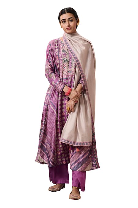 Saundh Purple Cotton, Viscose Embroidery Round Neck Kaur Floral Print Anarkali Set at Aza Fashions Saundh_Purple Cotton, Viscose Embroidery Round Neck Kaur Floral Print Anarkali Set_at_Aza_Fashions
