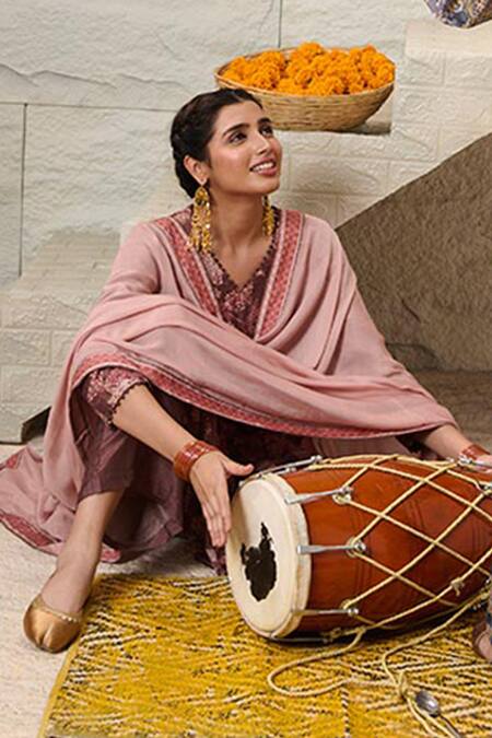 Saundh_Brown Cotton, Viscose Fabric Flowers, Mahi Floral Print Kurta Pant Set _Online_at_Aza_Fashions