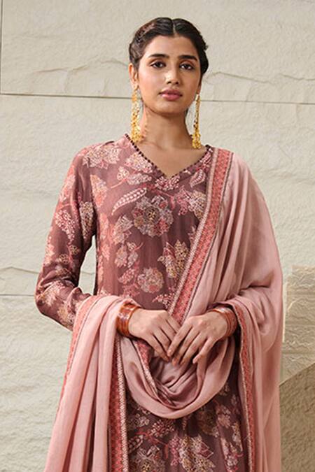 Buy_Saundh_Brown Cotton, Viscose Fabric Flowers, Mahi Floral Print Kurta Pant Set _Online_at_Aza_Fashions