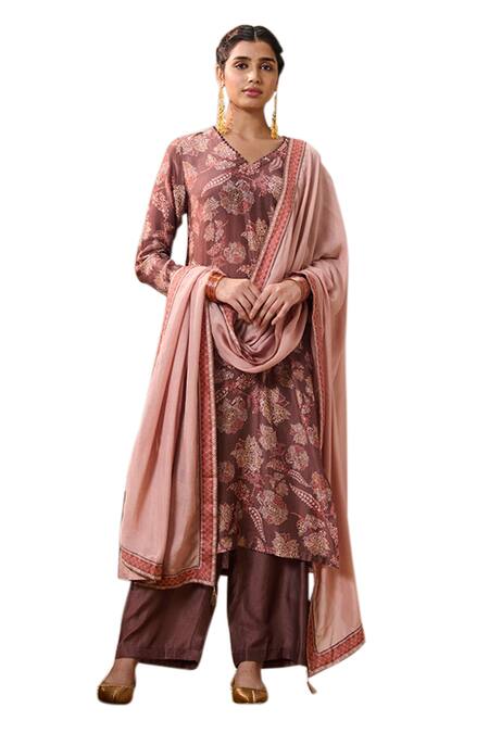Shop_Saundh_Brown Cotton, Viscose Fabric Flowers, Mahi Floral Print Kurta Pant Set _Online_at_Aza_Fashions