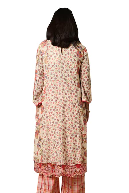 Saundh_Cream , Satin Embroidery High Neck Piya Yoke Kurta With Pant_Online_at_Aza_Fashions