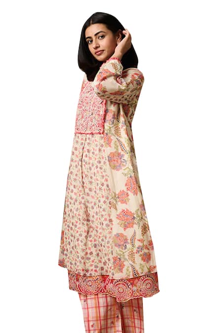 Shop_Saundh_Cream , Satin Embroidery High Neck Piya Yoke Kurta With Pant_Online_at_Aza_Fashions