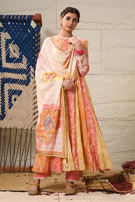 Saundh Multi Color Cotton, Muslin, Bamboo Embroidery High Neck Kora Anarkali Set Online at Aza Fashions Saundh_Multi Color Cotton, Muslin, Bamboo Embroidery High Neck Kora Anarkali Set _Online_at_Aza_Fashions