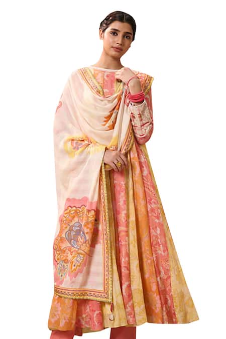 Buy Saundh Multi Color Cotton, Muslin, Bamboo Embroidery High Neck Kora Anarkali Set Online at Aza Fashions Buy_Saundh_Multi Color Cotton, Muslin, Bamboo Embroidery High Neck Kora Anarkali Set _Online_at_Aza_Fashions