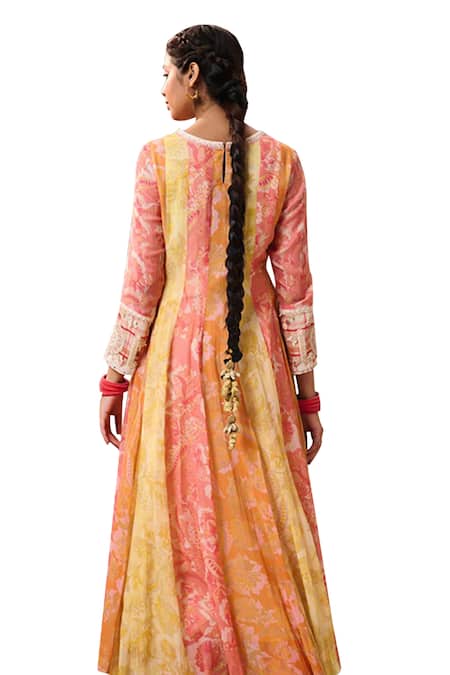 Saundh Multi Color Cotton, Muslin, Bamboo Embroidery High Neck Kora Anarkali Set at Aza Fashions Saundh_Multi Color Cotton, Muslin, Bamboo Embroidery High Neck Kora Anarkali Set _at_Aza_Fashions