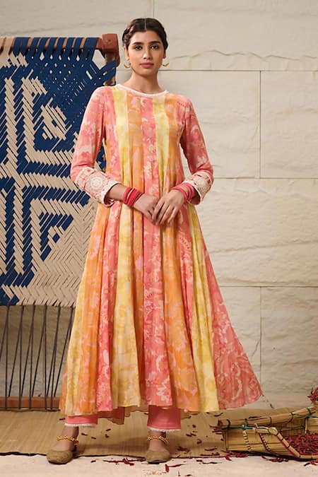 Buy Saundh Multi Color Cotton, Muslin, Bamboo Embroidery High Neck Kora Anarkali Set Buy_Saundh_Multi Color Cotton, Muslin, Bamboo Embroidery High Neck Kora Anarkali Set