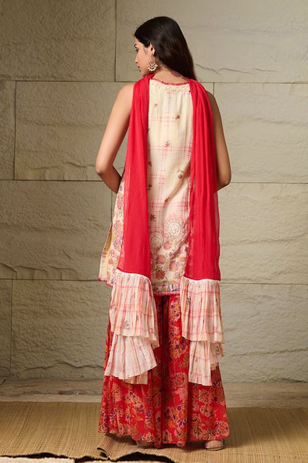 Shop Saundh Ivory Cotton, Chiffon Lace, Applique, Embroidery Prema Printed Kurta Sharara Set at Aza Fashions Shop_Saundh_Ivory Cotton, Chiffon Lace, Applique, Embroidery Prema Printed Kurta Sharara Set _at_Aza_Fashions