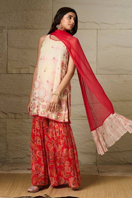 Saundh Ivory Cotton, Chiffon Lace, Applique, Embroidery Prema Printed Kurta Sharara Set Online at Aza Fashions Saundh_Ivory Cotton, Chiffon Lace, Applique, Embroidery Prema Printed Kurta Sharara Set _Online_at_Aza_Fashions