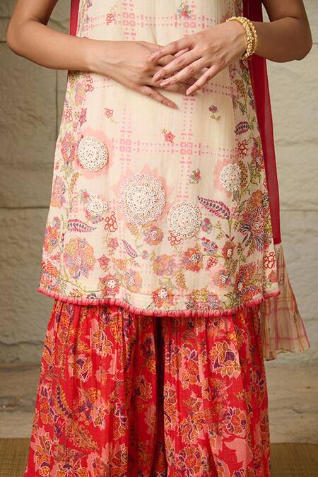 Buy Saundh Ivory Cotton, Chiffon Lace, Applique, Embroidery Prema Printed Kurta Sharara Set Buy_Saundh_Ivory Cotton, Chiffon Lace, Applique, Embroidery Prema Printed Kurta Sharara Set