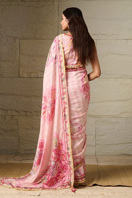 Shop Saundh Pink Muslin Ceria Floral Print Saree With Unstitched Blouse Piece at Aza Fashions Shop_Saundh_Pink Muslin Ceria Floral Print Saree With Unstitched Blouse Piece _at_Aza_Fashions