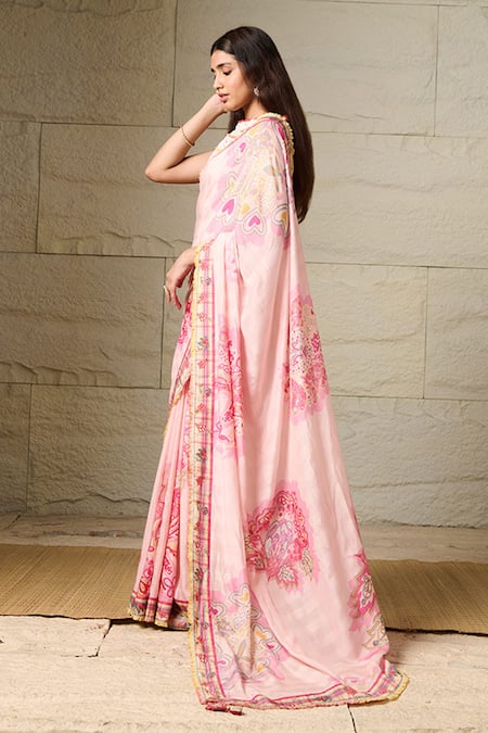 Shop Saundh Pink Muslin Ceria Floral Print Saree With Unstitched Blouse Piece Online at Aza Fashions Shop_Saundh_Pink Muslin Ceria Floral Print Saree With Unstitched Blouse Piece _Online_at_Aza_Fashions
