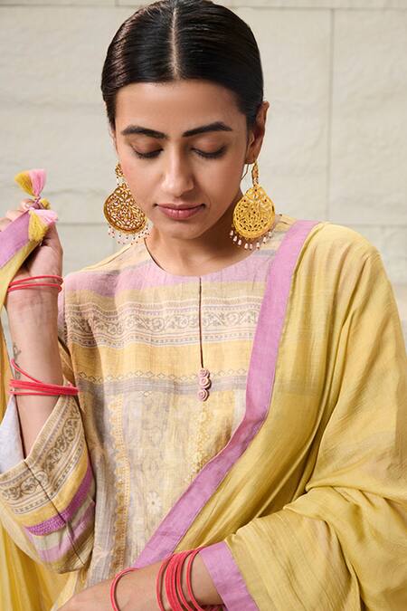Shop_Saundh_Yellow Linen, Viscose, Cotton Satin Embroidery Jyot Printed Kurta Pyjama Set_Online_at_Aza_Fashions