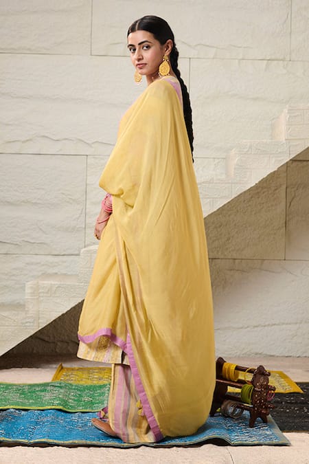 Saundh_Yellow Linen, Viscose, Cotton Satin Embroidery Jyot Printed Kurta Pyjama Set_at_Aza_Fashions