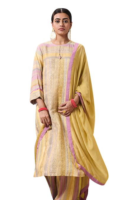 Buy_Saundh_Yellow Linen, Viscose, Cotton Satin Embroidery Jyot Printed Kurta Pyjama Set