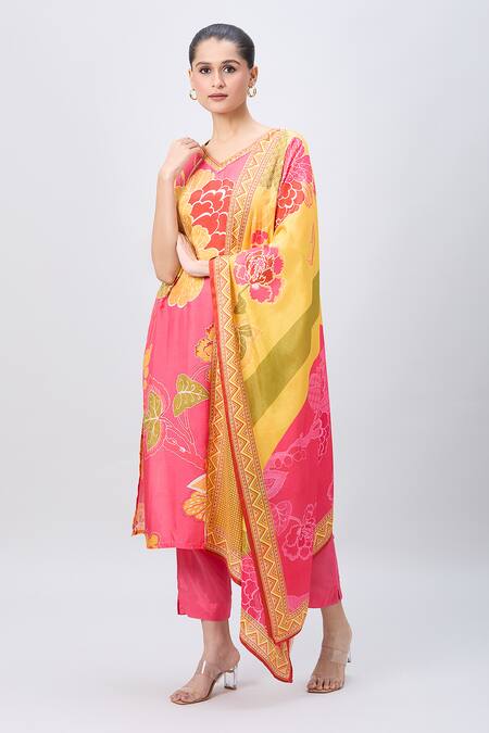 Bairaas Pink Cotton V-neck Floral Print Straight Kurta Pant Set Online at Aza Fashions Bairaas_Pink Cotton V-neck Floral Print Straight Kurta Pant Set_Online_at_Aza_Fashions