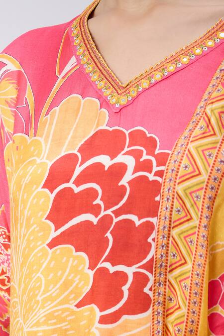 Shop Bairaas Pink Cotton V-neck Floral Print Straight Kurta Pant Set Online at Aza Fashions Shop_Bairaas_Pink Cotton V-neck Floral Print Straight Kurta Pant Set_Online_at_Aza_Fashions